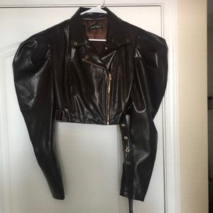 Womens brown faux leather crop jacket with puff sleeve (large)